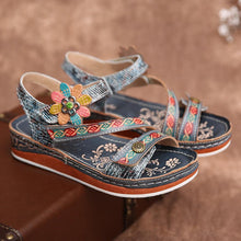 Load image into Gallery viewer, Retro Genuine Leather Floral Stitching Ankle Strap Flat Sandals
