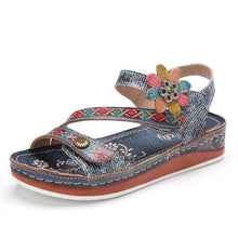 Load image into Gallery viewer, Retro Genuine Leather Floral Stitching Ankle Strap Flat Sandals