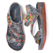 Load image into Gallery viewer, Retro Genuine Leather Floral Stitching Ankle Strap Flat Sandals