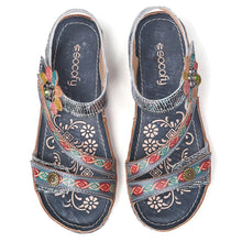 Load image into Gallery viewer, Retro Genuine Leather Floral Stitching Ankle Strap Flat Sandals