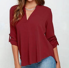 Load image into Gallery viewer, Women V-neck Chiffon Solid Casual Large Size Blouse
