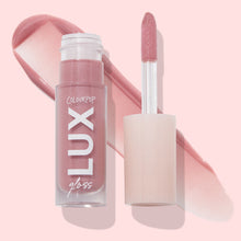 Load image into Gallery viewer, Check In lux liquid gloss in pink back ground and product swatch 
