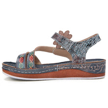 Load image into Gallery viewer, Retro Genuine Leather Floral Stitching Ankle Strap Flat Sandals
