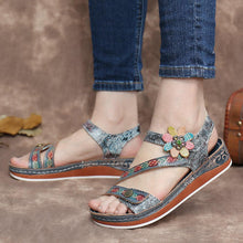 Load image into Gallery viewer, Retro Genuine Leather Floral Stitching Ankle Strap Flat Sandals
