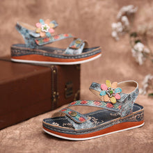 Load image into Gallery viewer, Retro Genuine Leather Floral Stitching Ankle Strap Flat Sandals
