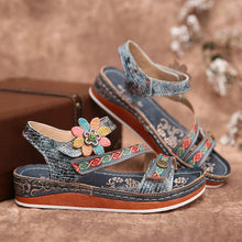 Load image into Gallery viewer, Retro Genuine Leather Floral Stitching Ankle Strap Flat Sandals
