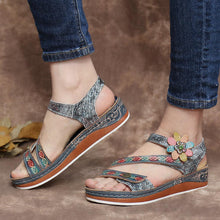 Load image into Gallery viewer, Retro Genuine Leather Floral Stitching Ankle Strap Flat Sandals
