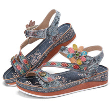Load image into Gallery viewer, Retro Genuine Leather Floral Stitching Ankle Strap Flat Sandals

